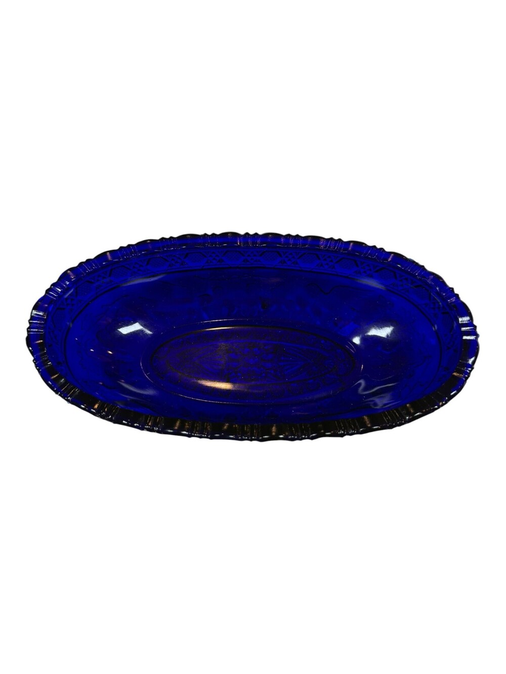 Vintage Cobalt Blue Glass Relish Candy Dish Doves Vines Scalloped Edge 8.5”x4.5”